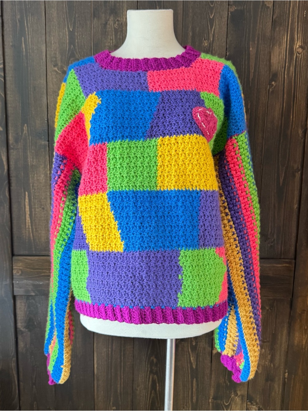 Women’s Vintage Style Crochet Patchwork Sweater Multi Colorblock Large